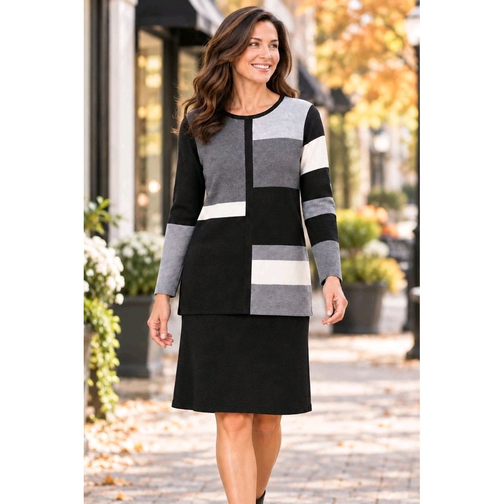 Sag Harbor Petite PS 2pc Knit Sweater Skirt Set Colorblock Career Office Cozy
